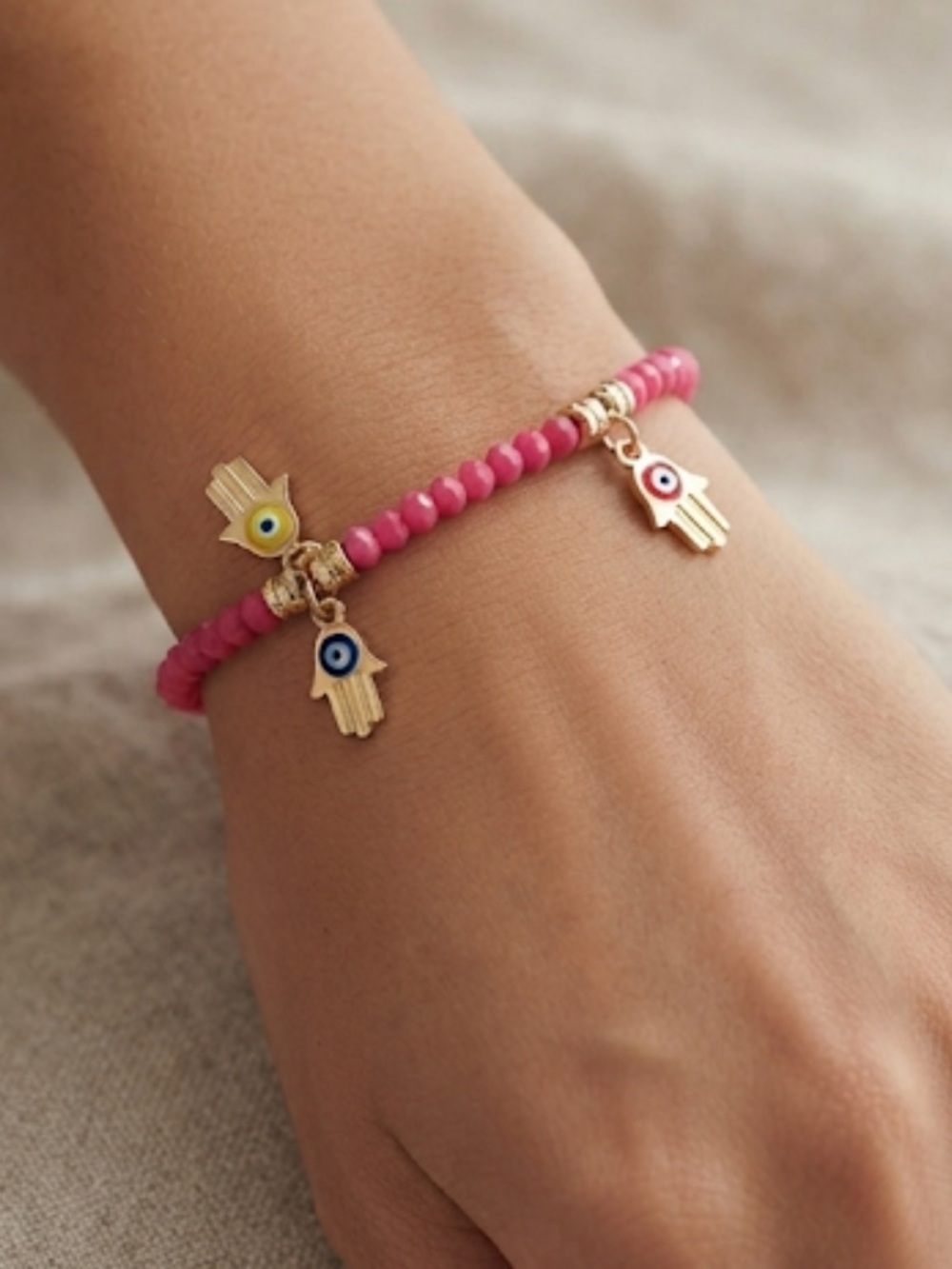 Pink Beaded Hamsa Charm Bracelet with Gold Accents